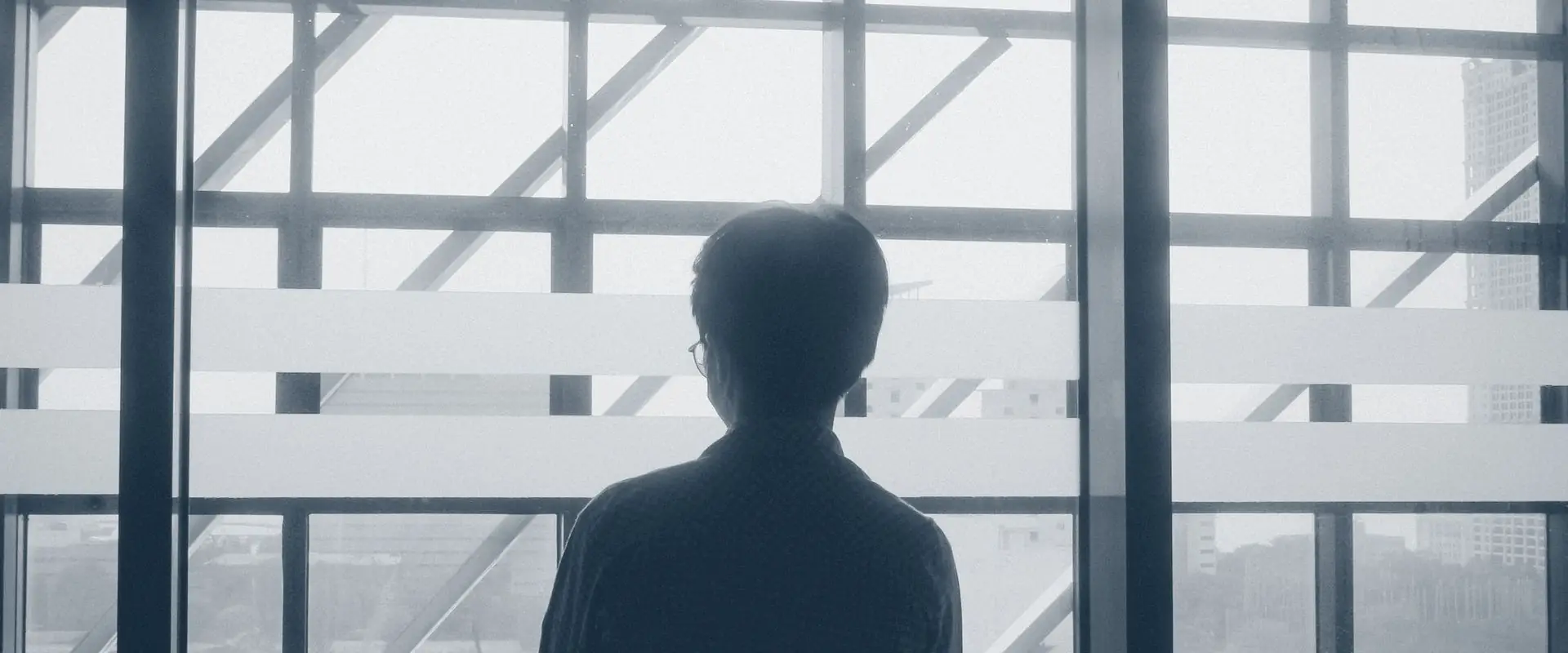 A person seen from directly behind, in silhouette, standing at a window braced by diagonal steel, looking out over a city.