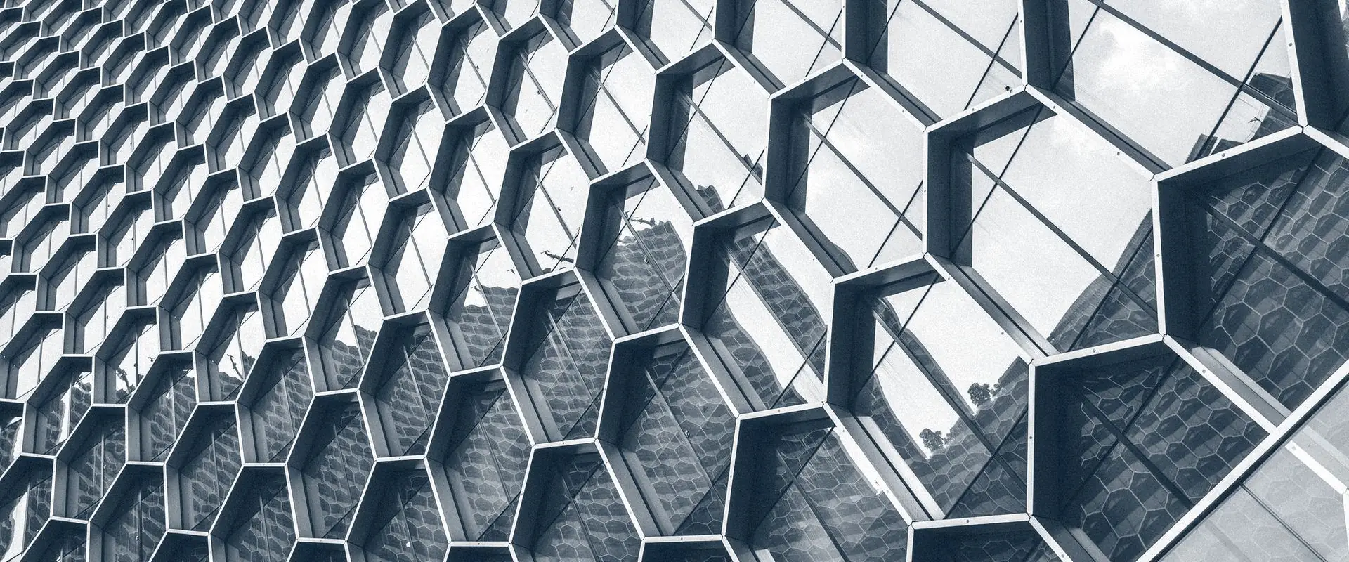 A facade of repeating hexagonal glass cells, receding across the frame in even rows.